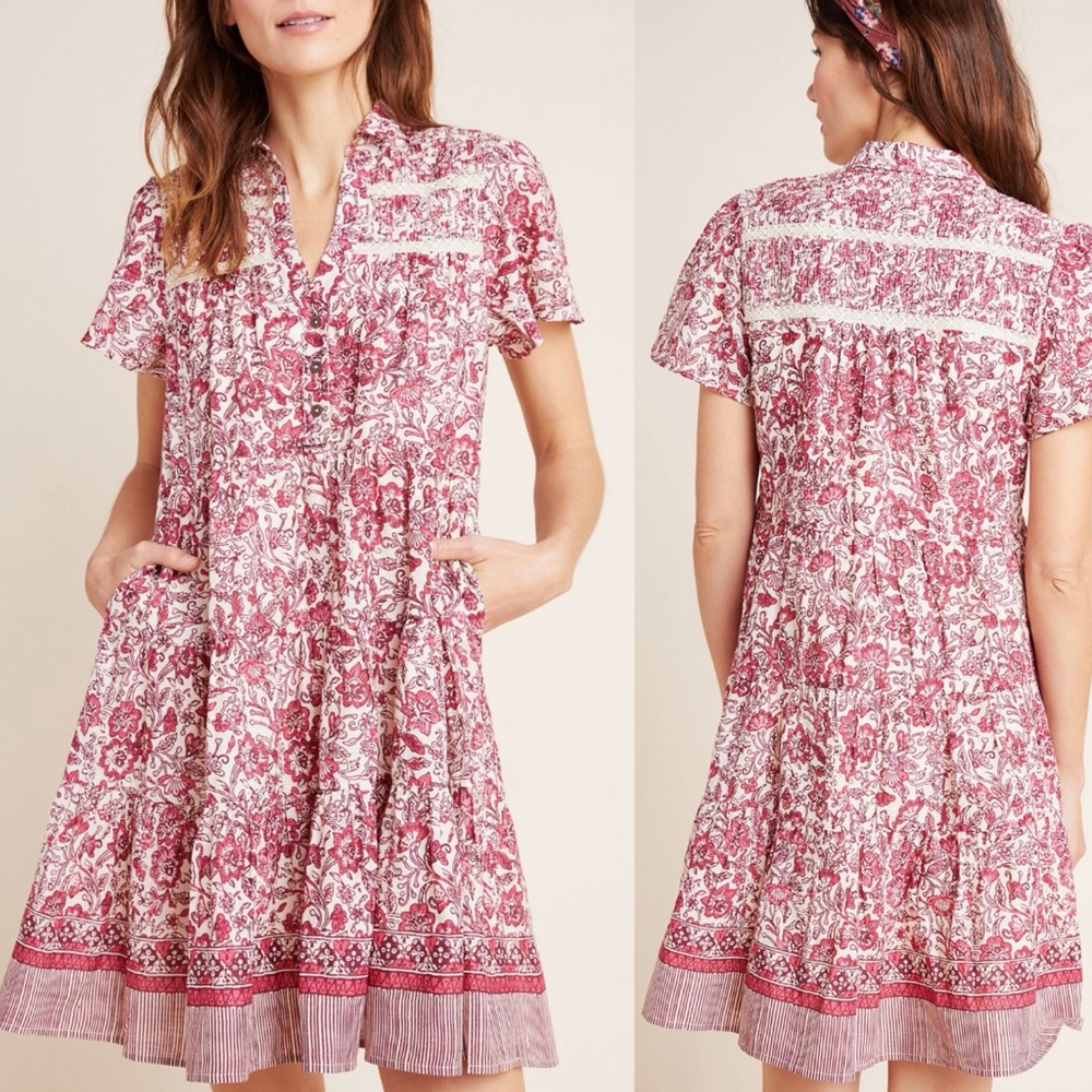 Anthropologie Somerset Georgina Tieres Floral Dress Size Small S Pink Red White